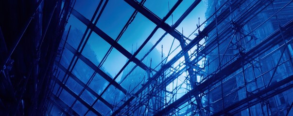 A striking view of scaffolding against a backdrop of blue hues, showcasing the intricate structure of a building under construction.