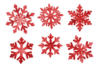 Intricately detailed collection of eight scarlet watercolor snowflakes, rendered with delicate brushstrokes and pigment bleed, scattered on white paper background. concept for festive holiday design