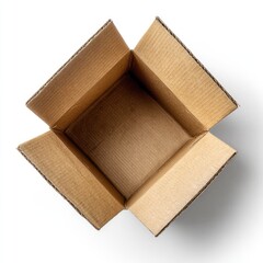 Open, empty, rectangular cardboard container, seen from above against a white background