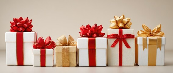Neatly aligned gift boxes with festive red and gold ribbons and bows