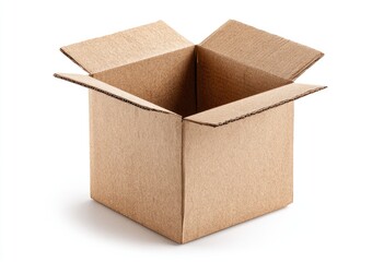 Empty, open brown corrugated cardboard box angled against a white background with shadows