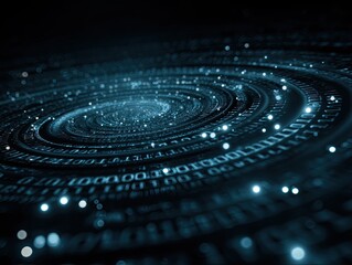 Binary code forms swirling, glowing galaxy