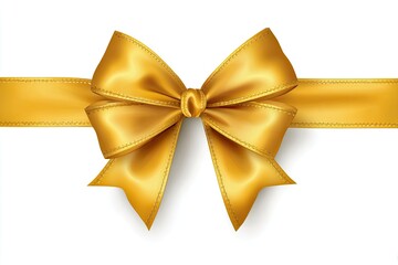 A gold satin ribbon bow with detailed texture and shadow against a clean white background