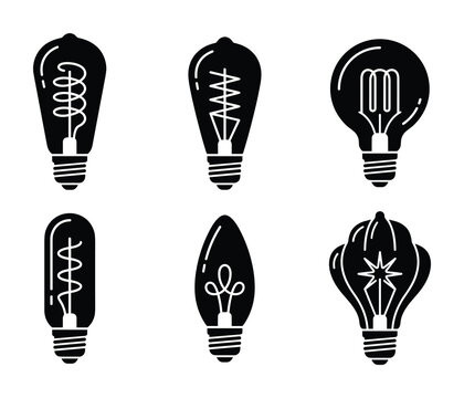 Light bulb edison lamp black silhouette set. Creative idea and electricity symbol.