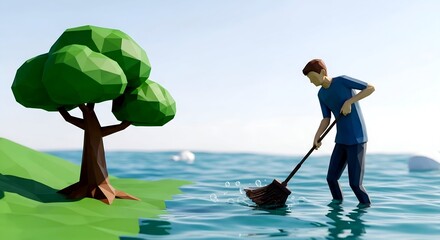 Low Poly Man Sweeping Water Near Tree on Island with Bubbles