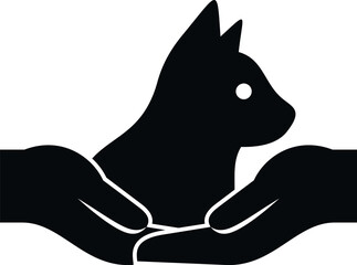 Human hands cradling a cat silhouette, illustrating animal care and protection concept