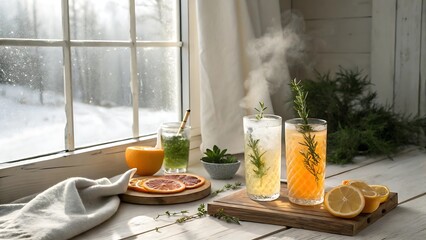 Zero-alcohol lifestyle flat lay with herbal beverages, winter sunlight through frosted window, minimal Scandinavian design, fresh citrus steam, calming aesthetic, high-end product photography.