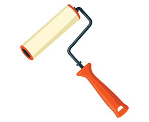 An isolated illustration of a paint roller with an orange handle