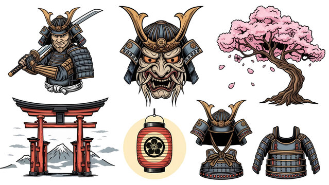 Traditional Japanese Samurai Warrior Mask Armor Torii Gate Cherry Blossom Tree and Lantern Vector Collection.