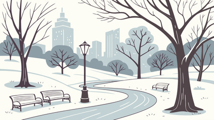 Fototapeta premium Illustration of a winter park scene with bare trees benches and a winding path leading to city buildings