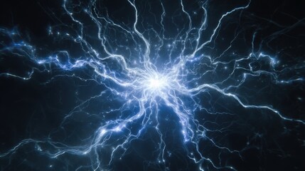Fototapeta premium Electric lightning discharge background, glowing blue plasma energy flash, high voltage electric storm backdrop