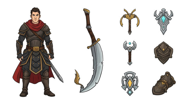 Fototapeta Fantasy warrior character with sword and various medieval weapons and shields.