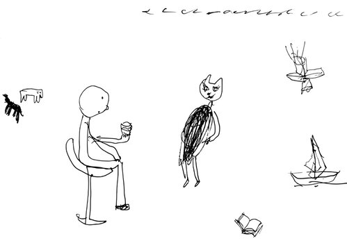 Minimalist line art illustration of a relaxing person holding a whiskey glass, surrounded by favorite things including a dog, a cat, a book, and a yacht