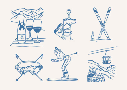 Vintage hand drawn apres ski elements set