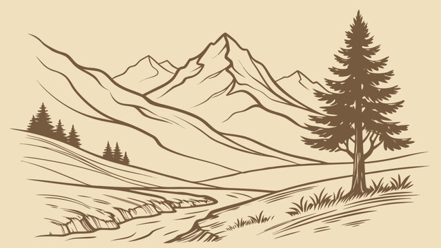 Illustration of a mountain range with a river and a large pine tree in a monochrome color scheme