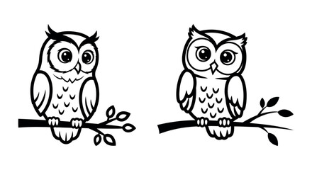Fototapeta premium Charming black and white owl illustrations perched on branches, perfect for nature-themed designs, educational content, or adorable children's artwork and logos