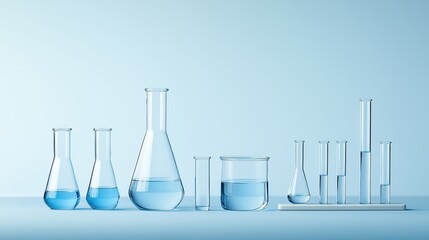 A set of glass beakers and flasks filled with blue liquid arranged in a geometric side view on an empty light background for a minimalist laboratory setting