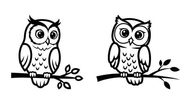 Charming black and white owl illustrations perched on branches, perfect for nature-themed designs, educational content, or adorable children's artwork and logos