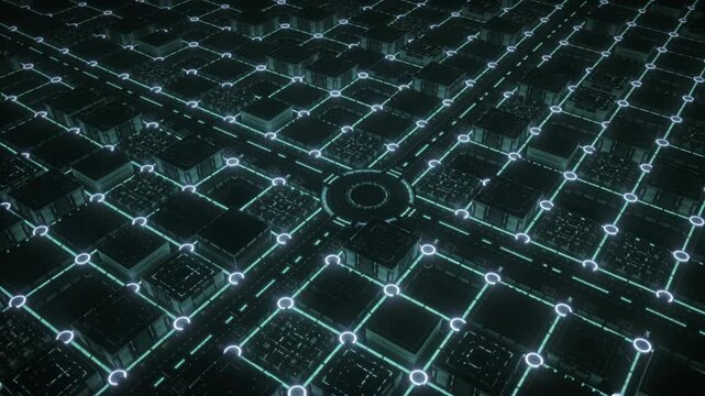 Digital city grid with glowing connections and central explosion simulation. Technology network concept with energy burst.