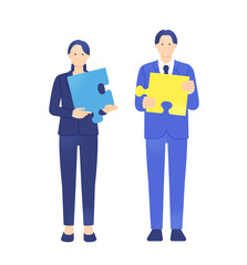 問題解決や連携のイメージ。パズルのピースを持つビジネスマンとビジネスウーマンのイラスト素材。