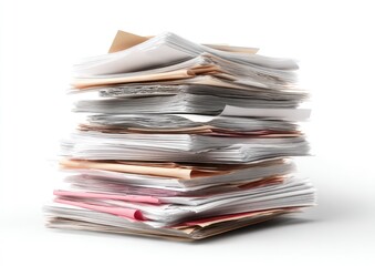 A towering stack of paper, overflowing with files, documents, and notes, on a white surface
