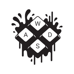 WASD gaming keyboard keys vector illustration with black grunge ink splatter and drips
