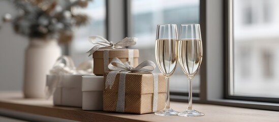 Champagne glasses and gift boxes in a modern apartment with minimalist Christmas decorations
