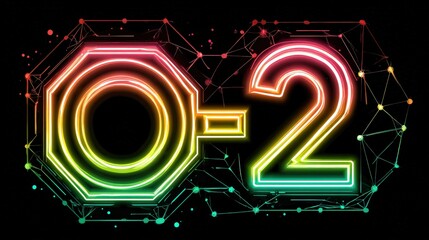 A vibrant digital design featuring the text "O-2" within an octagonal shape, illuminated with neon colors against a dark background.