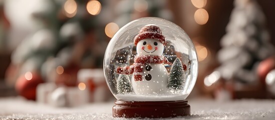 snowman inside a snow globe on a Christmas background