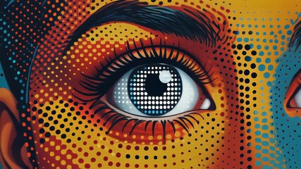 Close-up of a stylized eye with halftone dots in a pop art style, showcasing detailed eyelashes and a blue iris against a vibrant, dotted background.