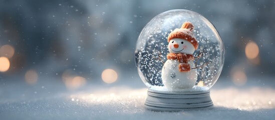 snowman inside a snow globe on a snowy background