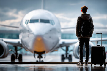 Airport. Young man with backpack waiting at airport terminal, airplane in background ready for departure