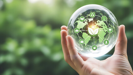 Hand holding a transparent orb displaying a global network of eco friendly icons and a stylized world map promoting sustainability and environmental awareness