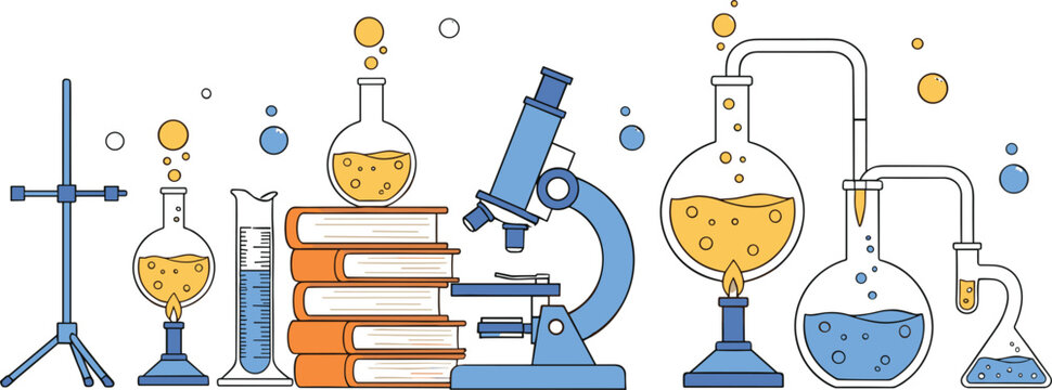 Science laboratory equipment illustration with microscope, chemical flasks, books, beakers, burners and experiment setup in line art style