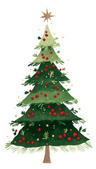 Fototapeta premium Festive Christmas Tree with Red Ornaments and Golden Star