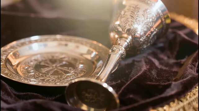 Ornate Silver Chalice and Paten Set on Velvet Fabric Religious Ceremony Artifacts