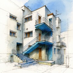 Watercolor architectural sketch of a modern building with blue balconies and stairs