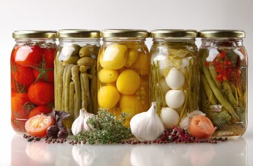 Jars of various pickled vegetables sit neatly, garnished with spices, on a white surface