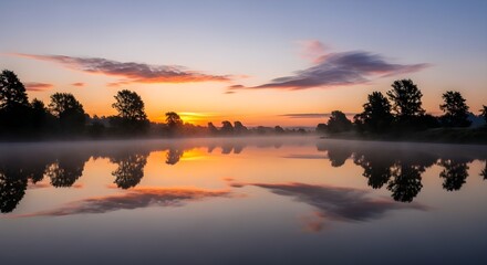 Obraz premium Calm morning sunrise reflection over the beautiful river and lake landscape