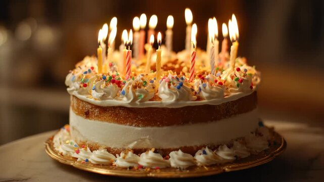 Celebration cake with colorful frosting and candles lit in the warm glow of a birthday party at night