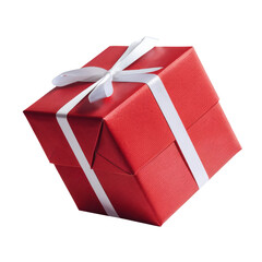 red gift box with white ribbon on white background