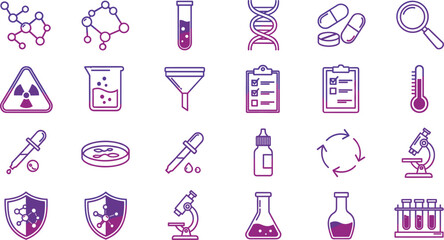 Science laboratory icon set with DNA, molecules, test tubes, microscopes, beakers, medical tools and research symbols