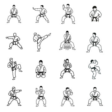  A dynamic collection of karate silhouette icons illustrating various martial arts stances, kicks, and combat techniques for sports and training designs