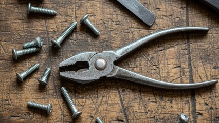 Durable hand tools, including metal pliers and assorted screws, arranged on rustic wooden workbench. Essential hand tools for various repair projects, construction work, and DIY tasks.