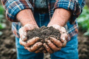 Close-up of hands holding rich, dark soil in a garden setting Generative AI