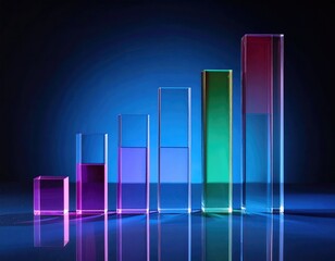 Colorful crystal bar graph ascending against a blue background