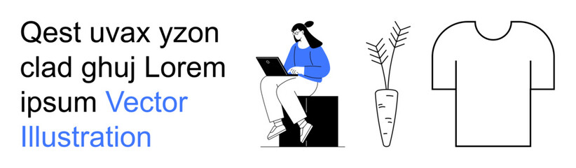 Work productivity, creativity, casual style, remote work, digital culture, minimalism. A person using a laptop, with icons of a t-shirt and potted plant. Work productivity and creativity concept