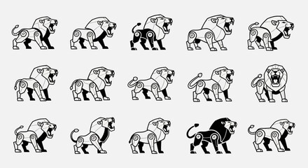 Dynamic stylized lions roaring with powerful geometric designs ready for modern branding and impactful visual projects