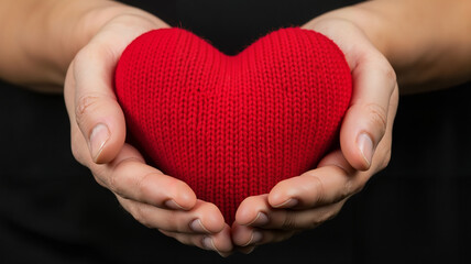 Obraz premium Hands holding red knitted heart on dark background for Valentine's Day 