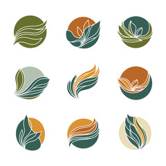 Vibrant organic leaf emblems and modern botanical icons for natural branding and eco friendly designs
